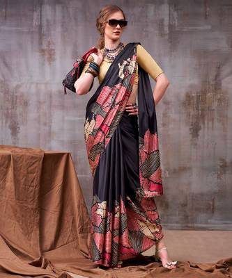 black satin silk saree with bold printed border 4
