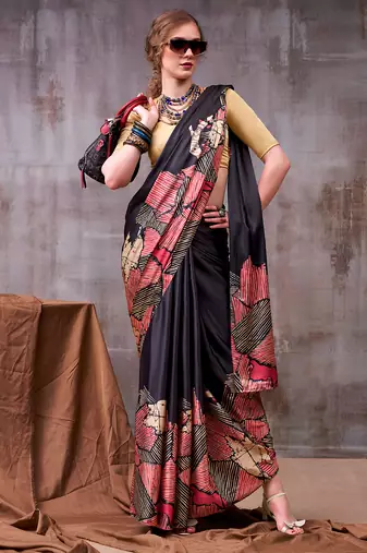 black satin silk saree with bold printed border