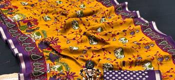 yellow mul cotton kalamkari print saree with traditional border 2