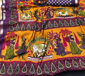 yellow mul cotton kalamkari print saree with traditional border 3