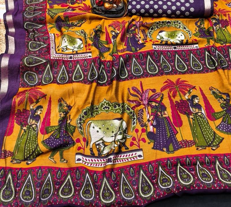 yellow mul cotton kalamkari print saree with traditional border