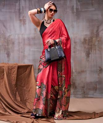 red satin silk saree with artistic printed design 1
