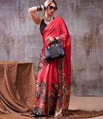 red satin silk saree with artistic printed design
