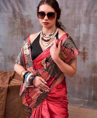 red satin silk saree with artistic printed design 2
