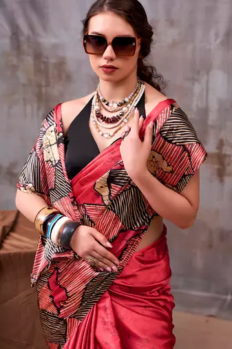 red satin silk saree with artistic printed design