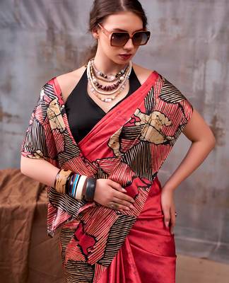 red satin silk saree with artistic printed design 3