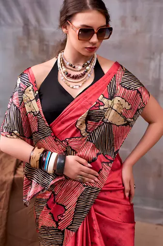 red satin silk saree with artistic printed design