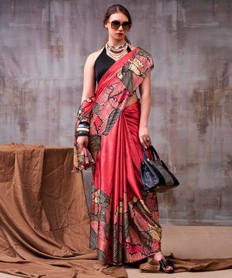 red satin silk saree with artistic printed design 4