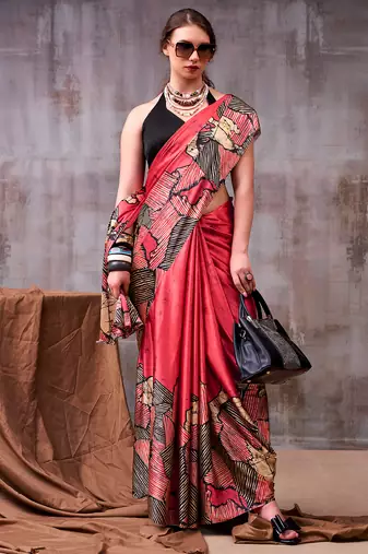 red satin silk saree with artistic printed design