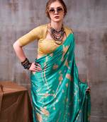 teal satin silk saree with modern abstract print