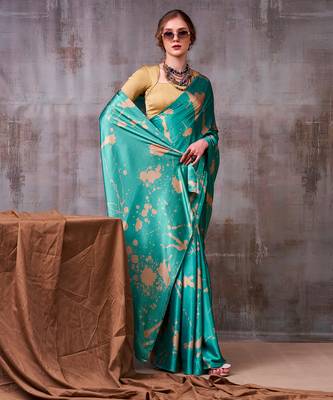 teal satin silk saree with modern abstract print 2