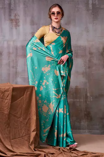 teal satin silk saree with modern abstract print