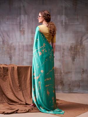 teal satin silk saree with modern abstract print 3