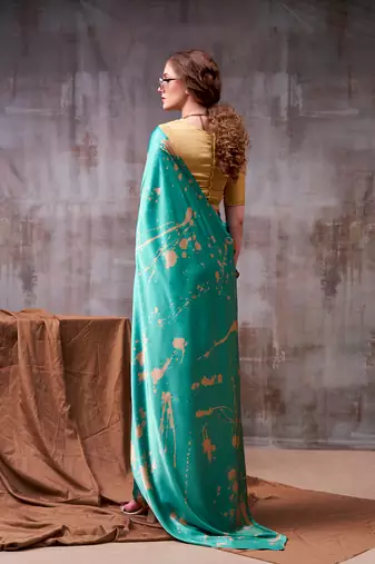 teal satin silk saree with modern abstract print