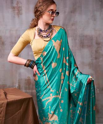 teal satin silk saree with modern abstract print 4