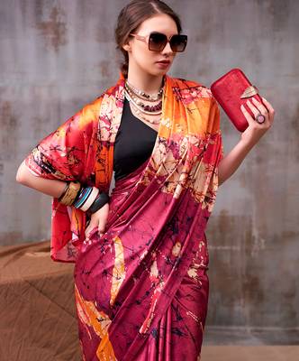 wine satin silk saree with abstract floral print 2