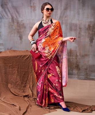wine satin silk saree with abstract floral print 1