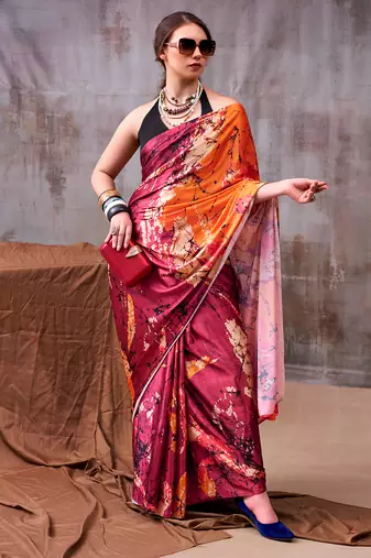 Premium satin silk floral printed saree for women
