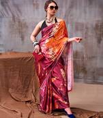 wine satin silk saree with abstract floral print