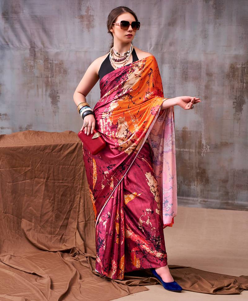 Premium satin silk floral printed saree for women