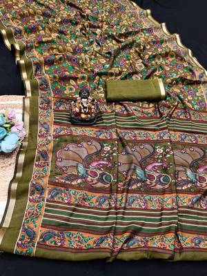 olive green mul cotton kalamkari print saree with floral & peacock motifs 1