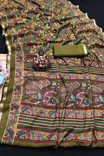 olive green mul cotton kalamkari print saree with floral & peacock motifs