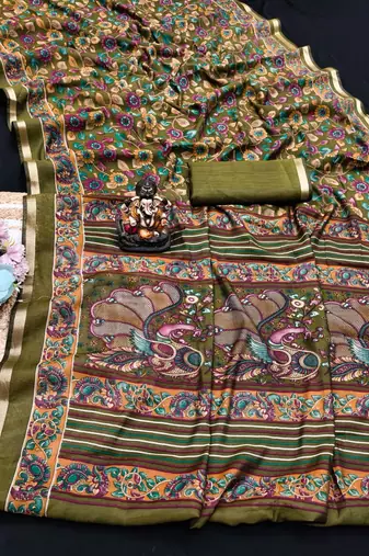 olive green mul cotton kalamkari print saree with floral & peacock motifs