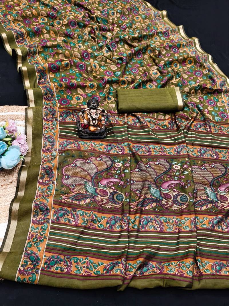 olive green mul cotton kalamkari print saree with floral & peacock motifs