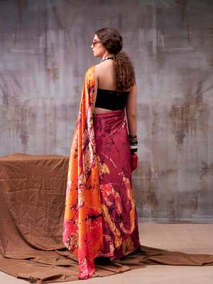 wine satin silk saree with abstract floral print 3