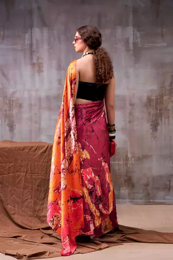 wine satin silk saree with abstract floral print