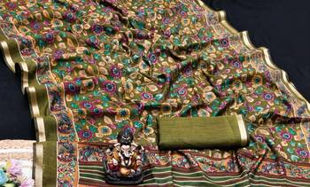 olive green mul cotton kalamkari print saree with floral & peacock motifs 2