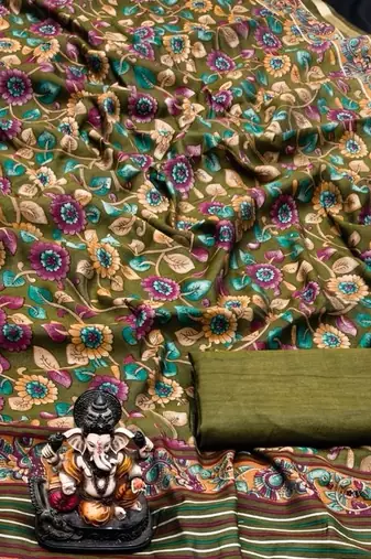 olive green mul cotton kalamkari print saree with floral & peacock motifs