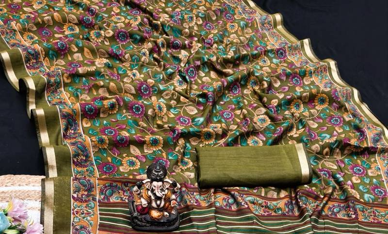 olive green mul cotton kalamkari print saree with floral & peacock motifs