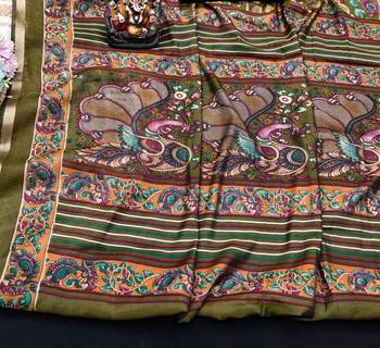 olive green mul cotton kalamkari print saree with floral & peacock motifs 3