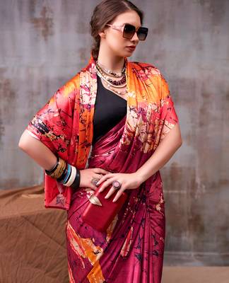wine satin silk saree with abstract floral print 4