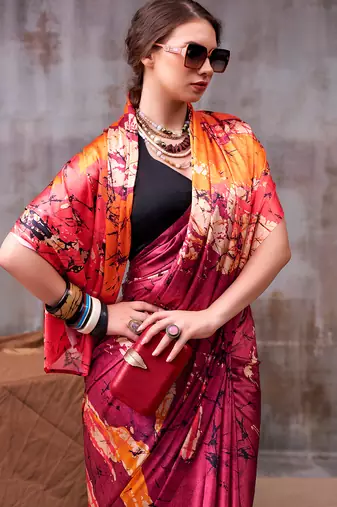wine satin silk saree with abstract floral print