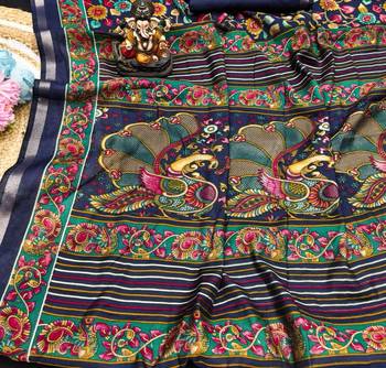 navy blue mul cotton kalamkari print saree with artistic motifs 1