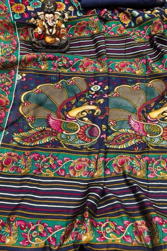 navy blue mul cotton kalamkari print saree with artistic motifs