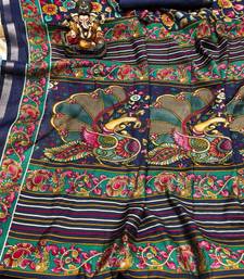 navy blue mul cotton kalamkari print saree with artistic motifs
