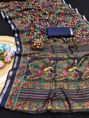 navy blue mul cotton kalamkari print saree with artistic motifs 2