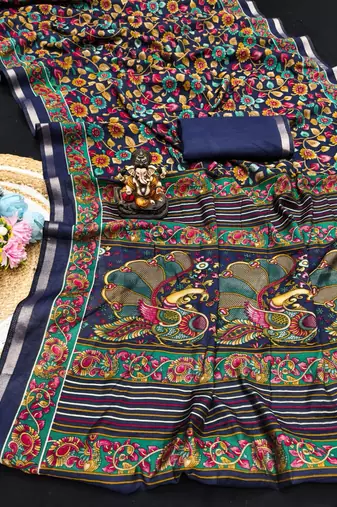 navy blue mul cotton kalamkari print saree with artistic motifs