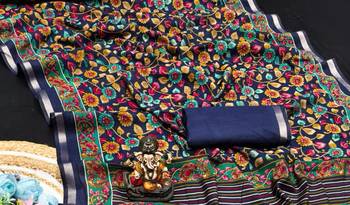 navy blue mul cotton kalamkari print saree with artistic motifs 3