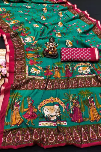 emerald mul cotton kalamkari print saree with traditional art border