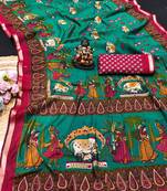 emerald mul cotton kalamkari print saree with traditional art border