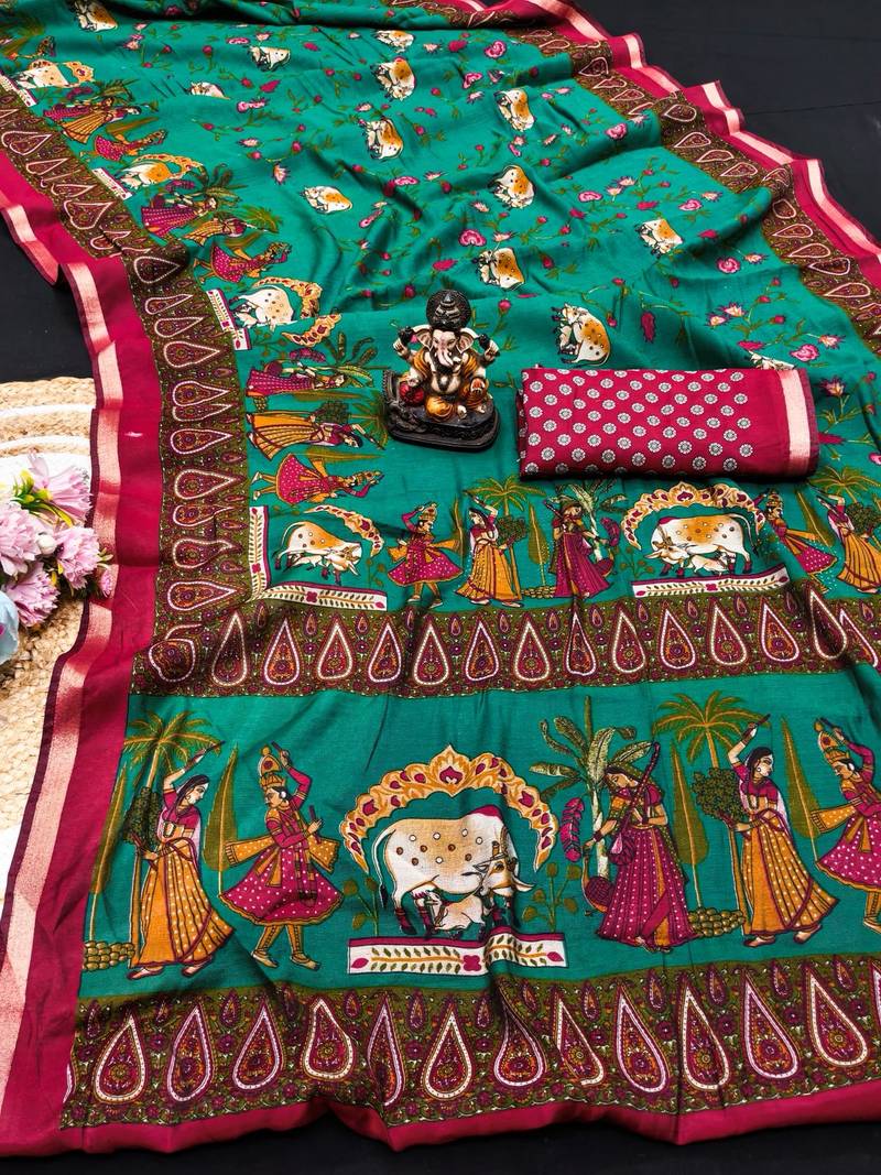 emerald mul cotton kalamkari print saree with traditional art border
