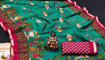 emerald mul cotton kalamkari print saree with traditional art border 2
