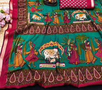 emerald mul cotton kalamkari print saree with traditional art border 3