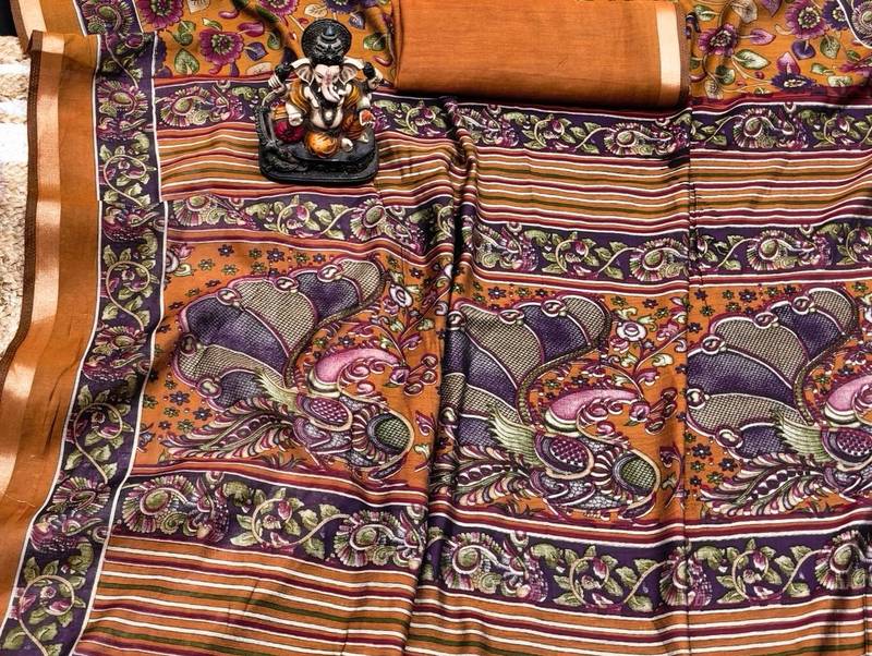 orange mul cotton kalamkari print saree with traditional motifs