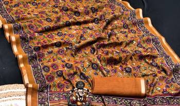 orange mul cotton kalamkari print saree with traditional motifs 3