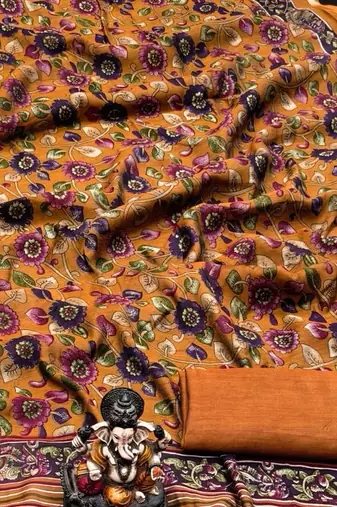 orange mul cotton kalamkari print saree with traditional motifs